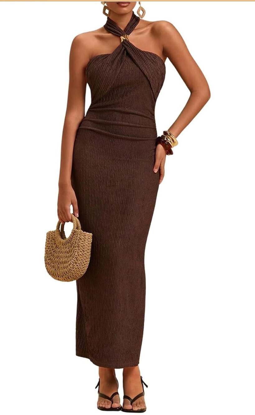 Milumia Chocolate Textured Beaded Detail Halterneck Maxi Dress Size Medium New